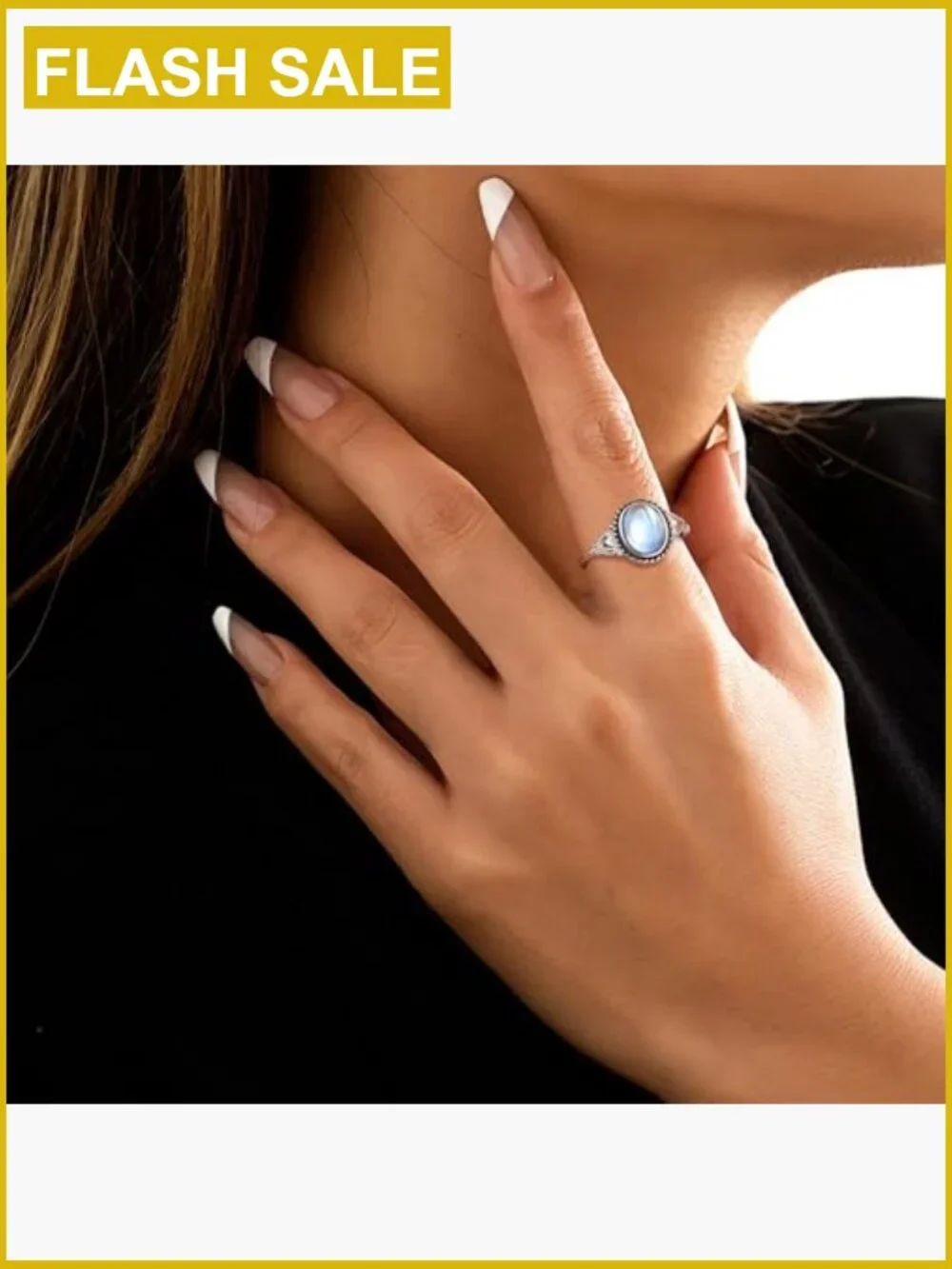 Vintage Oval Moonstone Mood Ring Sterling Silver 18K White Gold Plated Solitaire